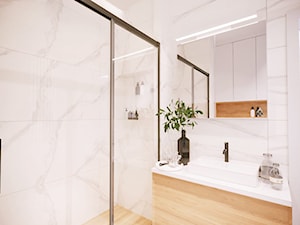 Projekt małego mieszkania w bieli i drewnie z akcentami czerni - Łazienka, styl nowoczesny - zdjęcie od Projektowanie Wnetrz Online