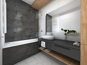 Łazienka czarno biała z akcentem drewna - Średnia bez okna z lustrem z marmurową podłogą z punktowym oświetleniem łazienka - zdjęcie od Projektowanie Wnetrz Online