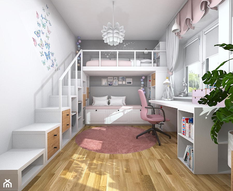 Pokój dwóch dziewczynek z łóżkiem na antresoli - Średni biały szary pokój dziecka dla dziecka dla nastolatka dla dziewczynki - zdjęcie od Projektowanie Wnetrz Online