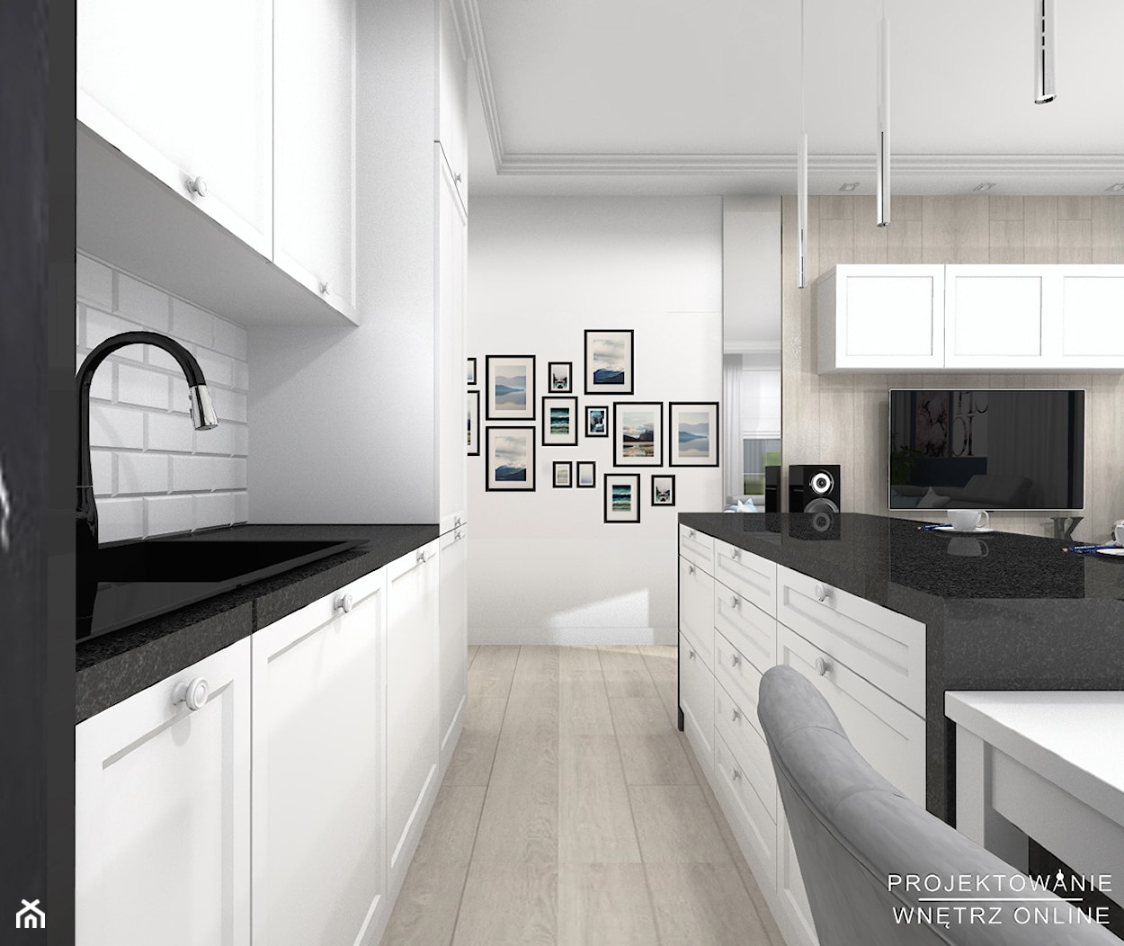 Projekt salonu z kuchnią w szarości i bieli ze ściana z białych kafelków - zdjęcie od Projektowanie Wnetrz Online - Homebook