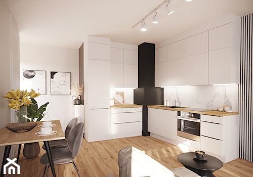 Projekt małego mieszkania w bieli i drewnie z akcentami czerni - Kuchnia, styl nowoczesny - zdjęcie od Projektowanie Wnetrz Online