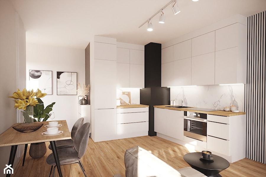 Projekt małego mieszkania w bieli i drewnie z akcentami czerni - Kuchnia, styl nowoczesny - zdjęcie od Projektowanie Wnetrz Online