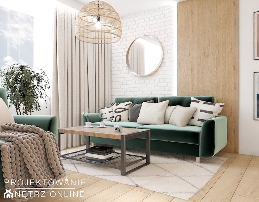 Projekt mieszkania z cegłą i drewnem - Salon, styl nowoczesny - zdjęcie od Projektowanie Wnetrz Online