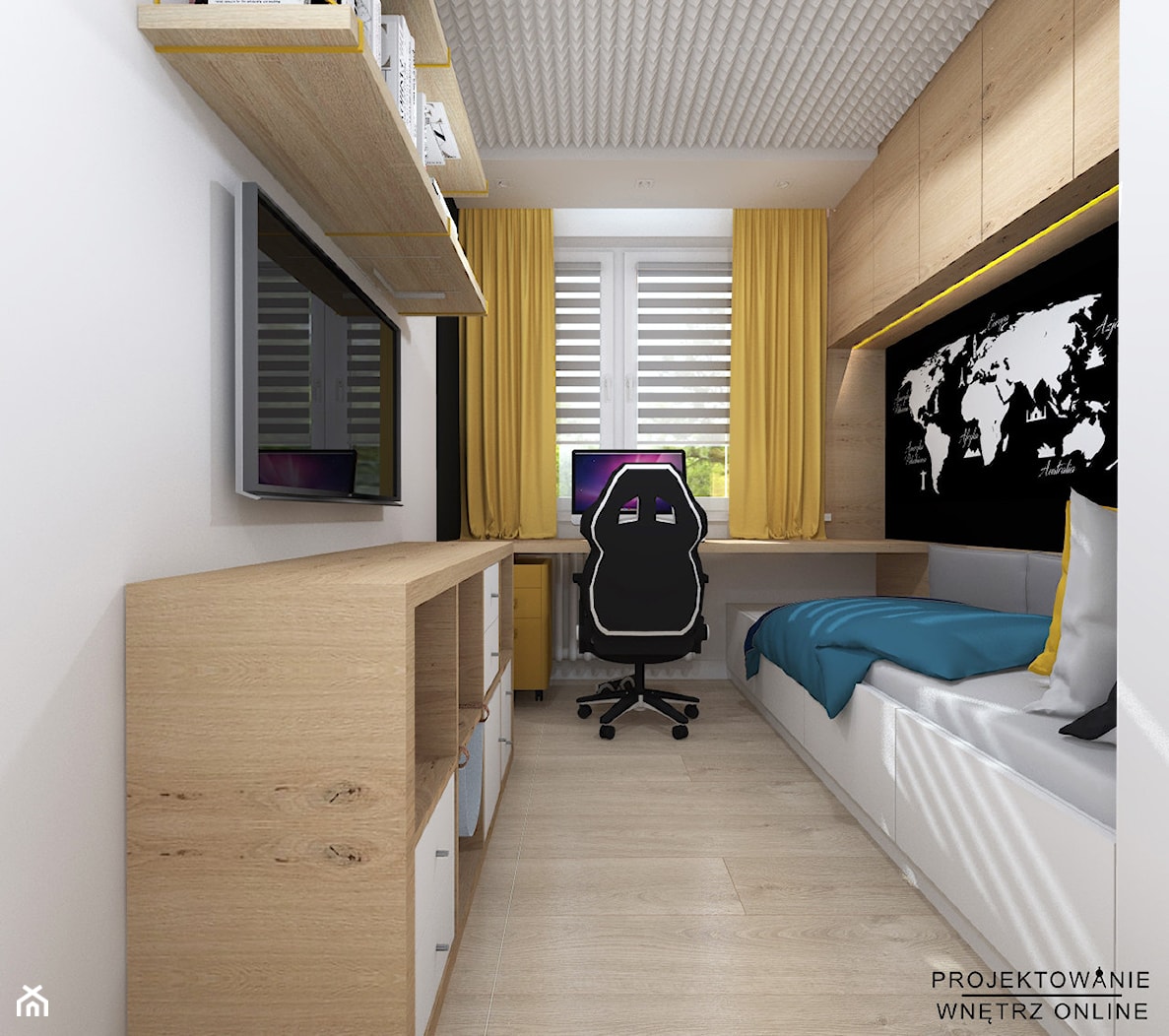 Pokój nastolatka w zabudowie meblowej i ściana z tablicówką - zdjęcie od Projektowanie Wnetrz Online - Homebook