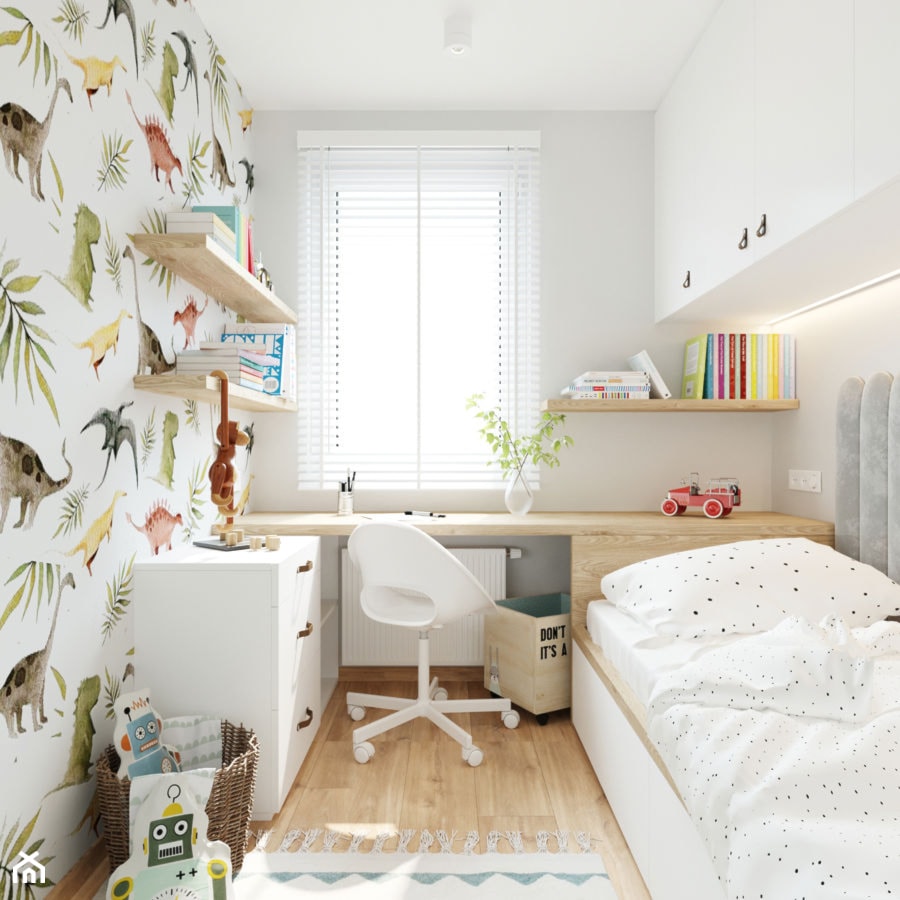 Pokój dla pięciolatka z kolorową tapetą - Średni biały pokój dziecka dla dziecka, styl nowoczesny - zdjęcie od Projektowanie Wnetrz Online - Homebook
