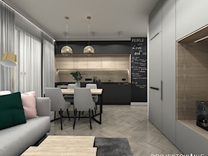 Salon z kuchnią w ciemnych kolorach - Mały czarny szary salon z kuchnią z jadalnią - zdjęcie od Projektowanie Wnetrz Online