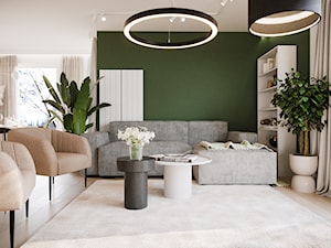 Salon w kolorach ziemi z zieloną ścianą w beżowym zestawieniu - Salon, styl nowoczesny - zdjęcie od Projektowanie Wnetrz Online