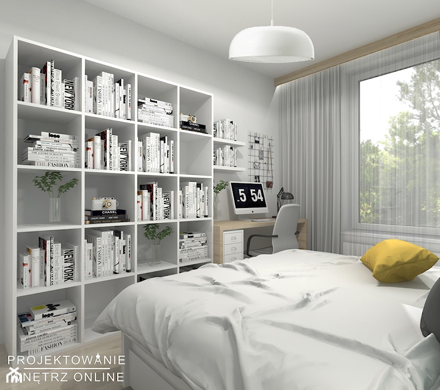 Sypialnia w kolorze turkusowym - Mała szara z biurkiem sypialnia - zdjęcie od Projektowanie Wnetrz Online