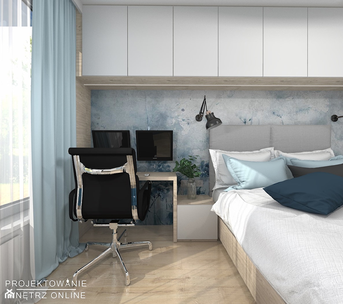 Sypialnia z dedykowaną zabudową meblową - Mała szara z biurkiem sypialnia - zdjęcie od Projektowanie Wnetrz Online - Homebook