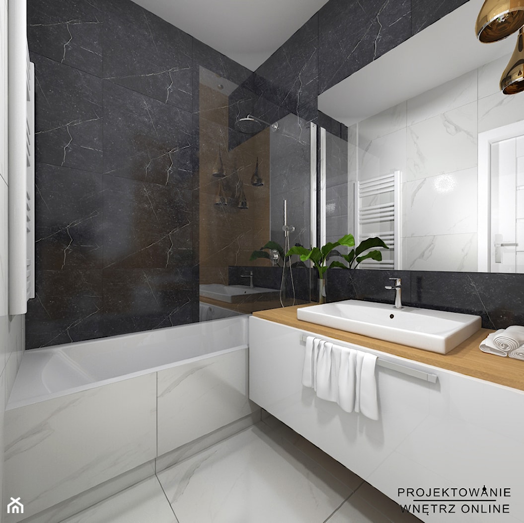 Czarno biała łazienka z dodatkami drewna - Mała bez okna z lustrem łazienka - zdjęcie od Projektowanie Wnetrz Online - Homebook