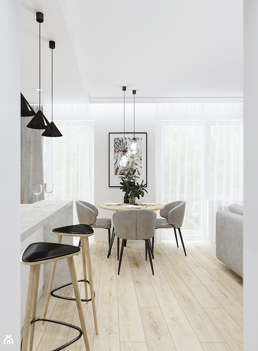 Salon z kuchnią w jasnych kolorach z czarnymi akcenatmi - Jadalnia, styl nowoczesny - zdjęcie od Projektowanie Wnetrz Online