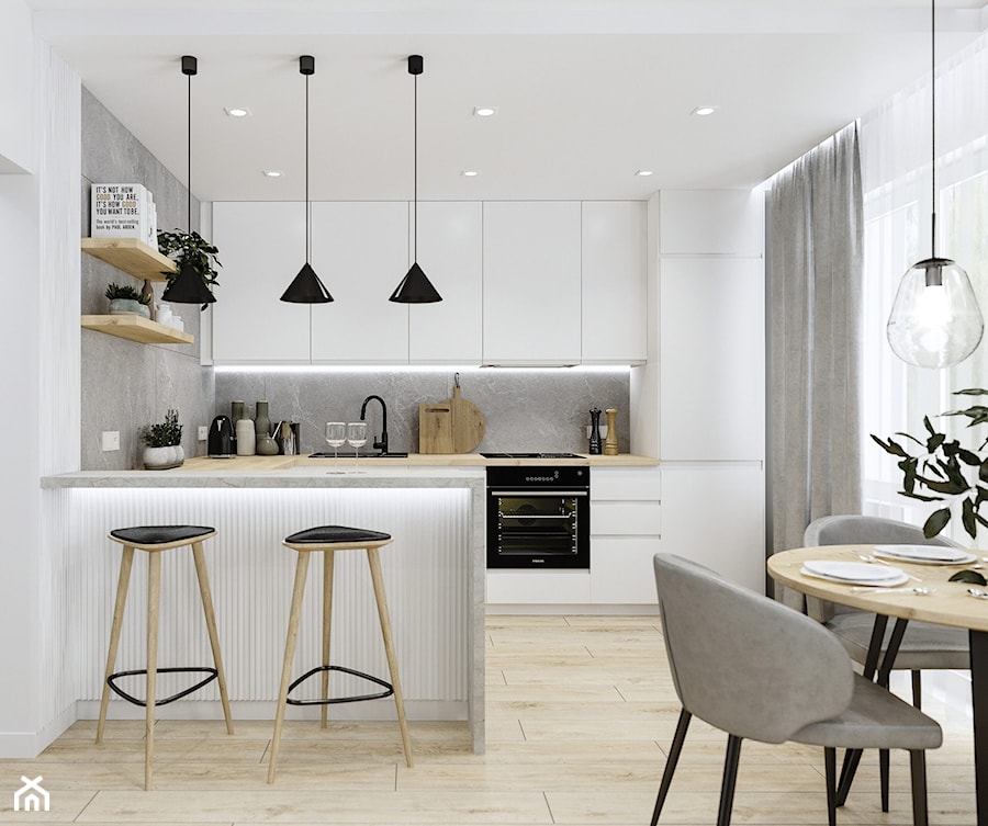 Salon z kuchnią w jasnych kolorach z czarnymi akcenatmi - Kuchnia, styl nowoczesny - zdjęcie od Projektowanie Wnetrz Online