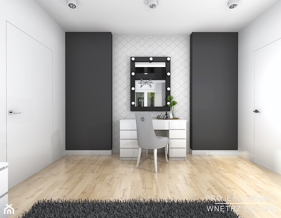 Sypialnia - Mała biała czarna z biurkiem sypialnia, styl glamour - zdjęcie od Projektowanie Wnetrz Online