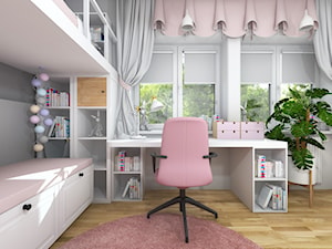 Pokój dwóch dziewczynek z łóżkiem na antresoli - Średni biały szary pokój dziecka dla nastolatka dla dziewczynki, styl skandynawski - zdjęcie od Projektowanie Wnetrz Online