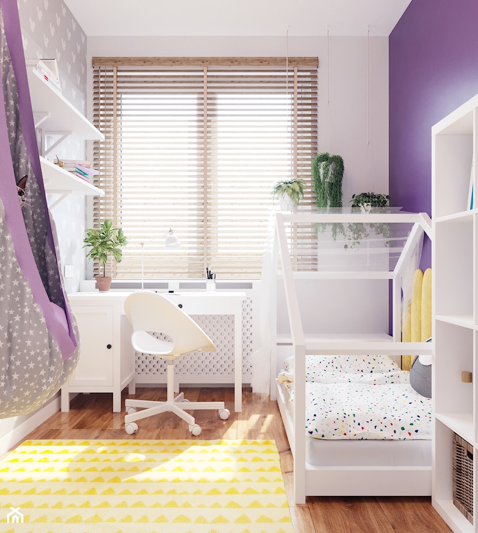 Pokój dziewczynki z fioletowym akcentem - Średni biały fioletowy pokój dziecka dla dziecka, styl nowoczesny - zdjęcie od Projektowanie Wnetrz Online - Homebook