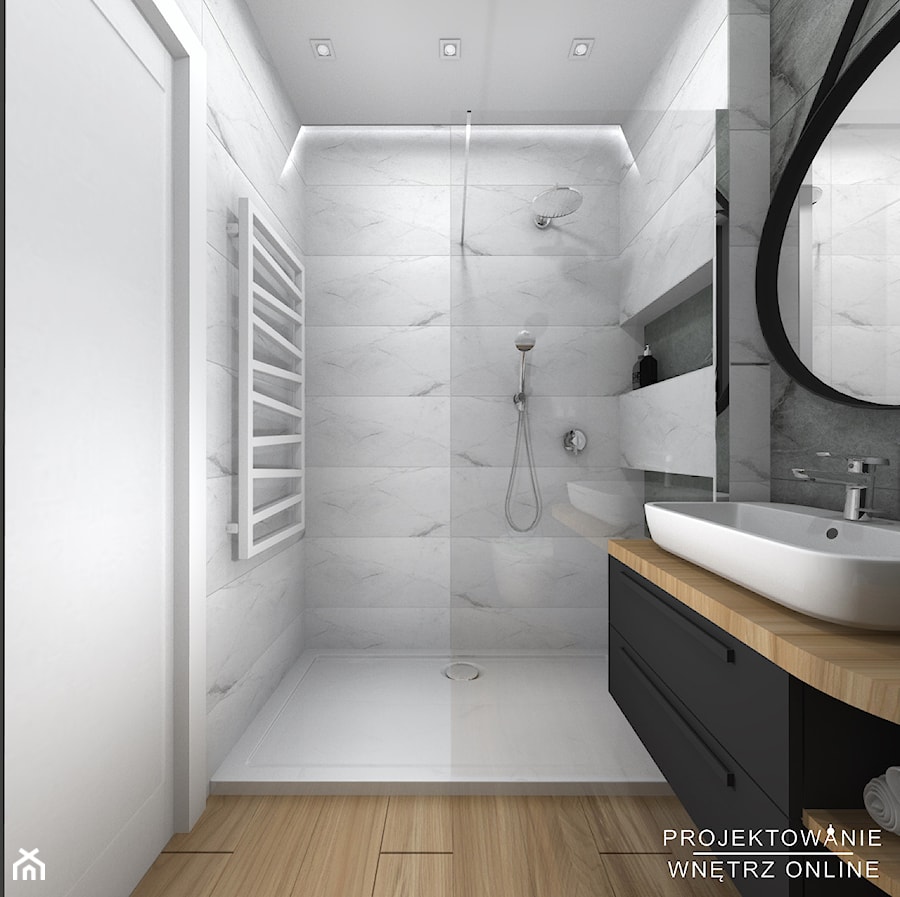 Projekt łazienki czarno-białej z podłogą w płytkach drewnopodobnych - zdjęcie od Projektowanie Wnetrz Online