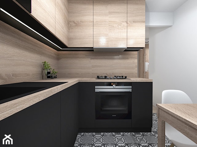 Projekt kuchni w drewnie i czerni z podłoga typu patchwork