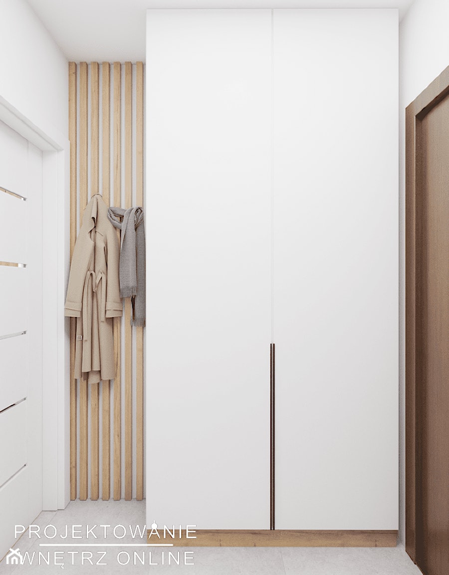Projekt małego mieszkania w szarościach i drewnie - Hol / przedpokój, styl nowoczesny - zdjęcie od Projektowanie Wnetrz Online