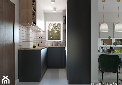 Projekt mieszkania 35 m2 - Mała otwarta biała z zabudowaną lodówką z nablatowym zlewozmywakiem kuchnia w kształcie litery u z oknem, styl nowoczesny - zdjęcie od Projektowanie Wnetrz Online