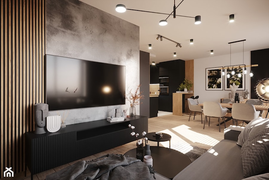 Mieszkanie w ciemnych odcieniach grafitu z elementami w stylu loft - Salon, styl nowoczesny - zdjęcie od Projektowanie Wnetrz Online