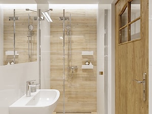 Mała łazienka z akcentem drewna - Łazienka, styl nowoczesny - zdjęcie od Projektowanie Wnetrz Online