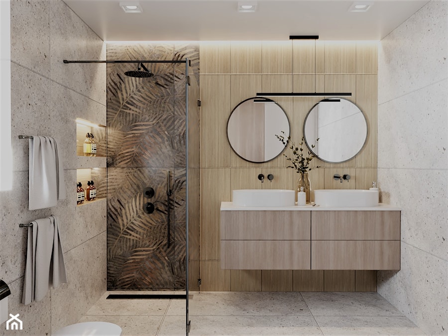 Łazienka z motywem roślinnym - Duża z dwoma umywalkami z punktowym oświetleniem łazienka, styl nowoczesny - zdjęcie od Projektowanie Wnetrz Online
