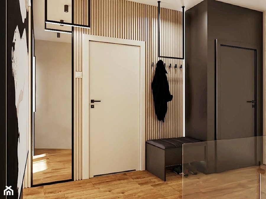 Eleganckie mieszkanie w beżach, czerni i przydymionym drewnie - Hol / przedpokój, styl nowoczesny - zdjęcie od Projektowanie Wnetrz Online