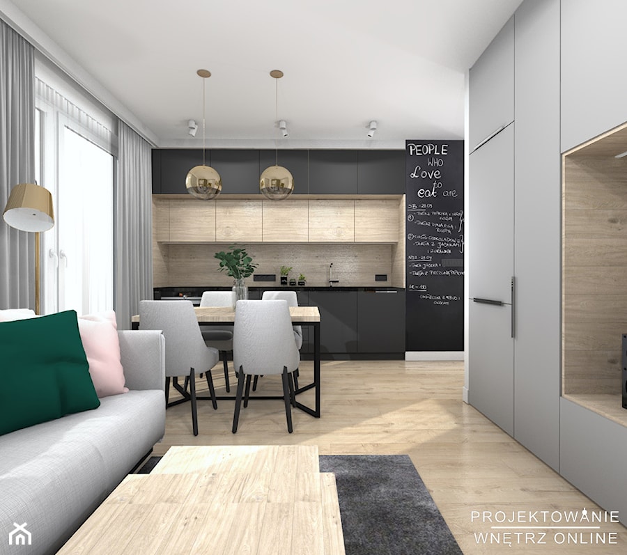 Projekt kuchni w czerni i drewnie - Średnia otwarta z salonem czarna z zabudowaną lodówką kuchnia jednorzędowa z oknem - zdjęcie od Projektowanie Wnetrz Online