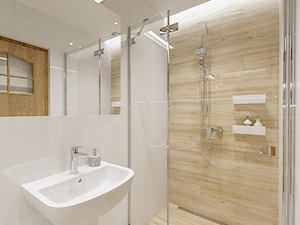 Mała łazienka z akcentem drewna - Łazienka, styl nowoczesny - zdjęcie od Projektowanie Wnetrz Online