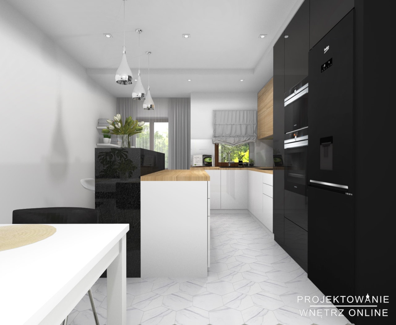 Projekt kuchni z jadalnią biel, czerń drewno i hexagony - zdjęcie od Projektowanie Wnetrz Online - Homebook