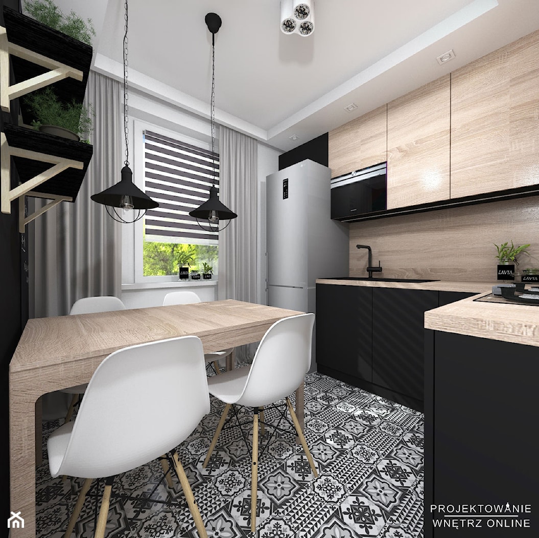 Projekt kuchni w drewnie i czerni z podłoga typu patchwork - zdjęcie od Projektowanie Wnetrz Online - Homebook