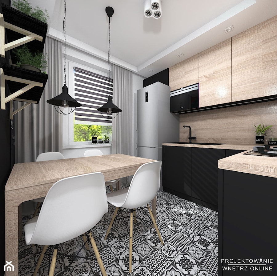 Projekt kuchni w drewnie i czerni z podłoga typu patchwork - zdjęcie od Projektowanie Wnetrz Online