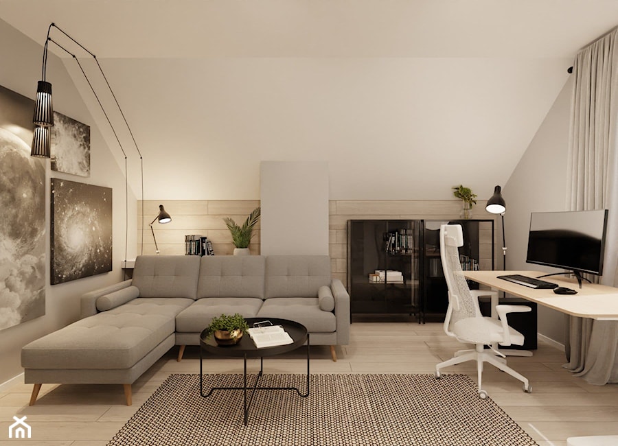 Gabinet w szarościach z kanapą - Biuro, styl nowoczesny - zdjęcie od Projektowanie Wnetrz Online