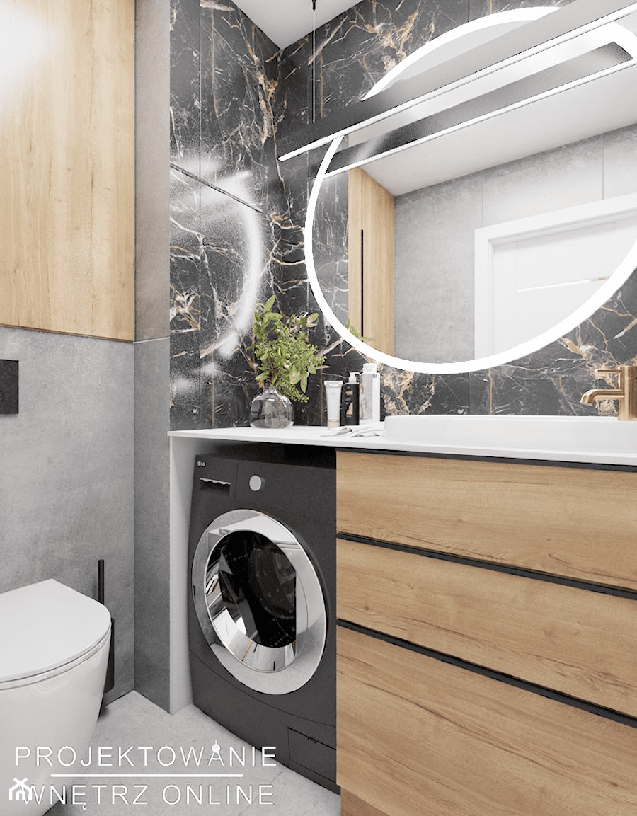 Projekt małego mieszkania w szarościach i drewnie - Łazienka, styl nowoczesny - zdjęcie od Projektowanie Wnetrz Online