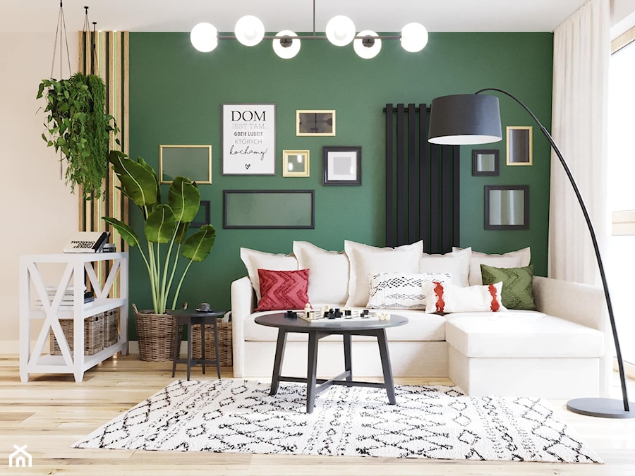 Salon z domowym biurem - Średni beżowy biały zielony salon, styl nowoczesny - zdjęcie od Projektowanie Wnetrz Online