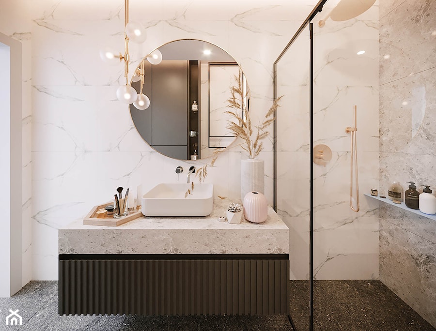 Projekt domu z elementami złota - Duża z lustrem z punktowym oświetleniem łazienka z oknem, styl nowoczesny - zdjęcie od Projektowanie Wnetrz Online