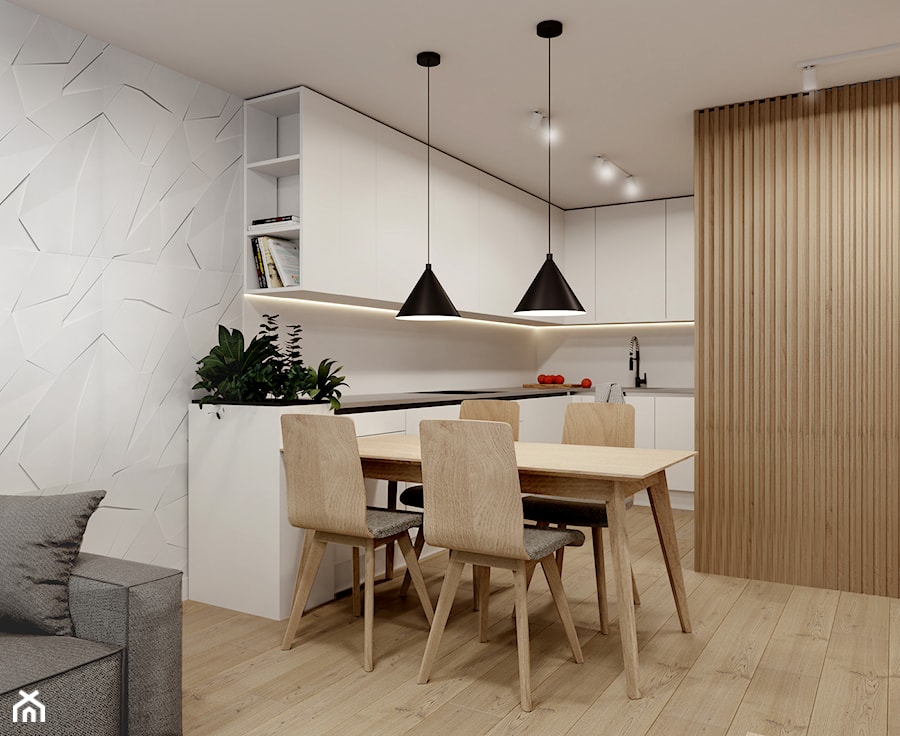 Mieszkanie 47m2 w minimalistycznym stylu - Mała otwarta z kamiennym blatem biała kuchnia w kształcie litery l, styl nowoczesny - zdjęcie od Projektowanie Wnetrz Online