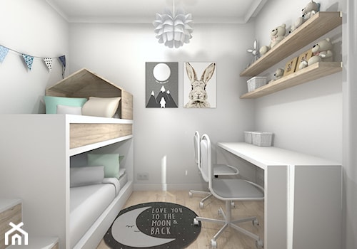 Pokój dziecięcy w szarości - Mały biały szary pokój dziecka dla dziecka dla rodzeństwa - zdjęcie od Projektowanie Wnetrz Online