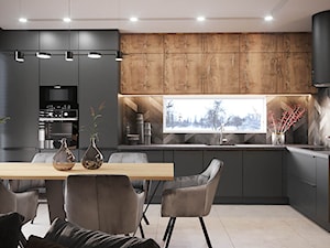 Projekt domu 115 m2 - Średnia otwarta szara z zabudowaną lodówką kuchnia w kształcie litery l z oknem, styl nowoczesny - zdjęcie od Projektowanie Wnetrz Online