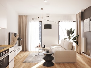 Projekt małego mieszkania w bieli i drewnie z akcentami czerni - Salon, styl nowoczesny - zdjęcie od Projektowanie Wnetrz Online