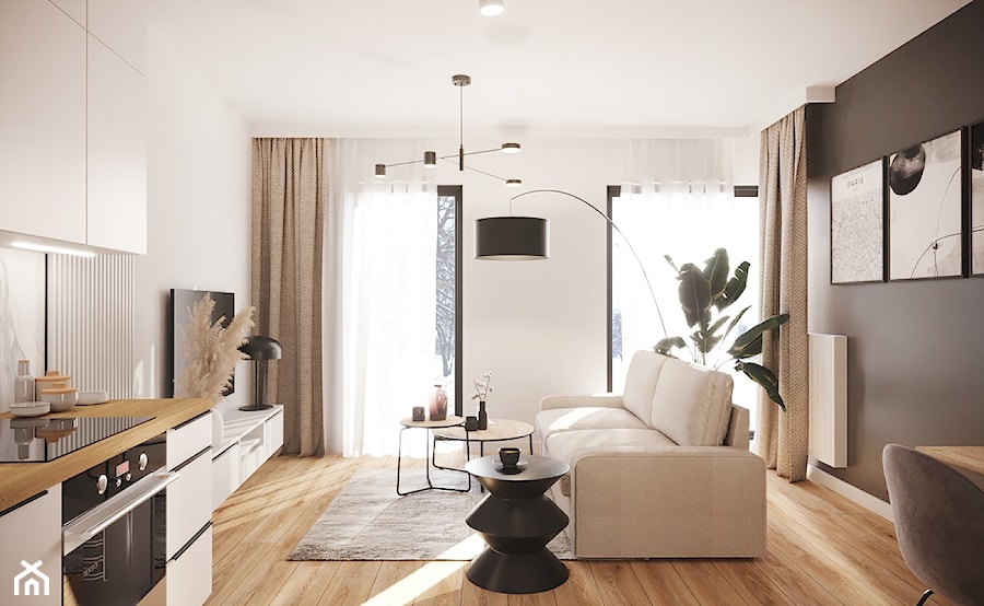 Projekt małego mieszkania w bieli i drewnie z akcentami czerni - Salon, styl nowoczesny - zdjęcie od Projektowanie Wnetrz Online