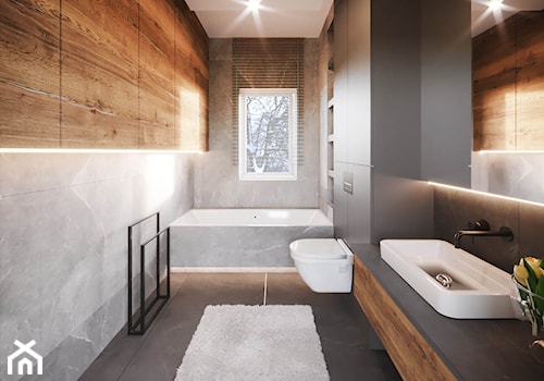 Projekt domu 115 m2 - Średnia z lustrem z punktowym oświetleniem łazienka z oknem, styl nowoczesny - zdjęcie od Projektowanie Wnetrz Online