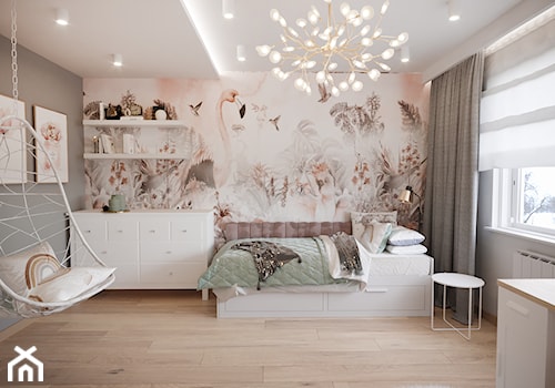 Pokój dziecka w pastelowych kolorach - Duży biały różowy szary z motywem dżungli z motywem zwierząt pokój dziecka dla nastolatka dla dziewczynki, styl skandynawski - zdjęcie od Projektowanie Wnetrz Online