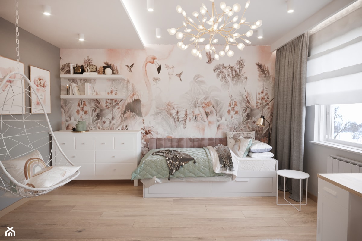 Pokój dziecka w pastelowych kolorach - Duży biały różowy szary pokój dziecka dla nastolatka dla dzie ... - zdjęcie od Projektowanie Wnetrz Online - Homebook