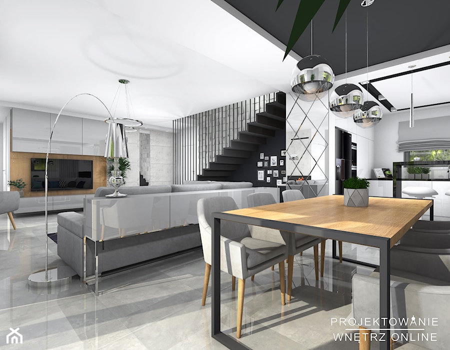 Salon z kuchnią i jadalnią - Salon, styl nowoczesny - zdjęcie od Projektowanie Wnetrz Online