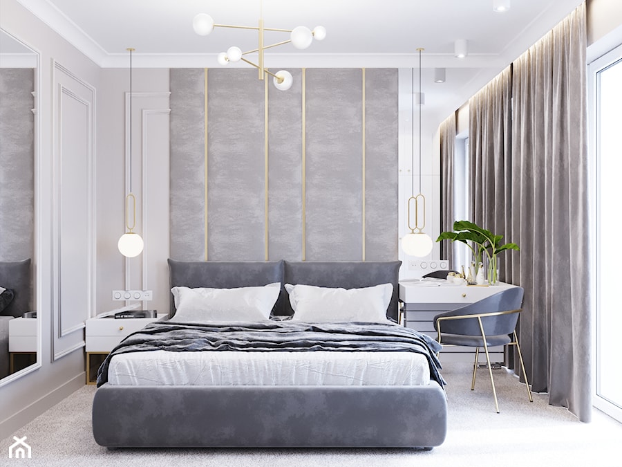 Projekt mieszkania z dodatkiem sztukaterii - Średnia biała szara sypialnia, styl nowoczesny - zdjęcie od Projektowanie Wnetrz Online