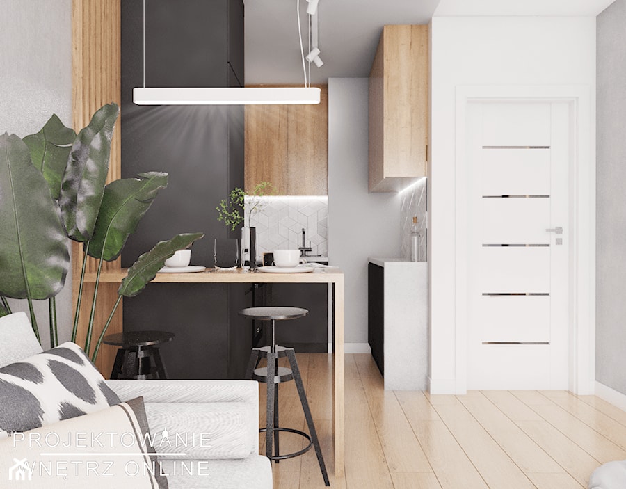 Projekt małego mieszkania w szarościach i drewnie - Kuchnia, styl nowoczesny - zdjęcie od Projektowanie Wnetrz Online