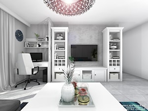Projektowanie salonu z TV i miejscem na komputer - Średni biały szary salon - zdjęcie od Projektowanie Wnetrz Online