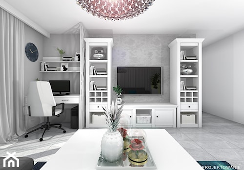 Projektowanie salonu z TV i miejscem na komputer - Średni biały szary salon - zdjęcie od Projektowanie Wnetrz Online