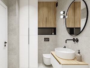 Projekt mieszkania z akcentem drewna - Średnia bez okna z lustrem z punktowym oświetleniem łazienka, styl nowoczesny - zdjęcie od Projektowanie Wnetrz Online